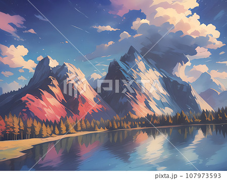 湖に反射する山 湖に反射する山 107973593