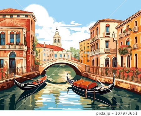 Vibrant Venice light and shadow create a breathtaking picture. Ornate buildings, cascading flowers, and gondolas reflect the citys splendor. A graceful stone bridge stands at the center. Vibrant Venice light and shadow create a breathtaking picture. Ornate buildings, cascading flowers, and gondolas reflect the citys splendor. A graceful stone bridge stands at the center. 107973651