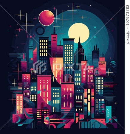 Cityscape with buildings, skyscrapers and moon. Vector illustration Cityscape with buildings, skyscrapers and moon. Vector illustration 107973782