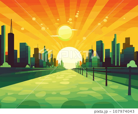 Illustration of a city during sunset, highlighting tall buildings and a verdant path amidst the urban environment, blending nature and city life Illustration of a city during sunset, highlighting tall buildings and a verdant path amidst the urban environment, blending nature and city life 107974043