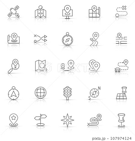Navigation icon set in flat style. Gps direction vector illustration on white isolated background. Locate pin position business concept. Navigation icon set in flat style. Gps direction vector illustration on white isolated background. Locate pin position business concept. 107974124