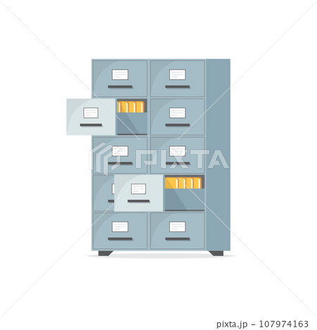 Office cabinet icon in flat style. Furniture storage vector illustration on isolated background. Drawer sign business concept. 107974163