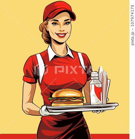 A waitress in a lively diner skillfully holds a tray with a hamburger and a soda, with a cartoonish burger 107974178