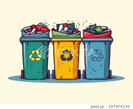 Three trash bins of different colors with various contents are presented Three trash bins of different colors with various contents are presented 107974230
