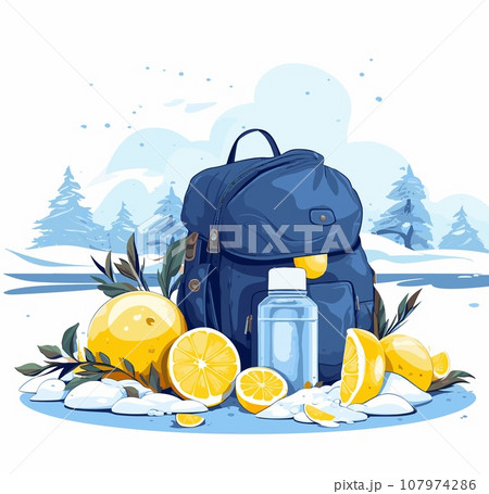 Illustration of a blue backpack, a bottle of water and lemons on the snow 107974286