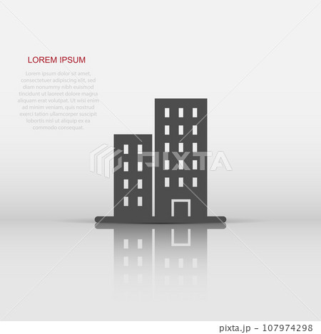Building icon in flat style. Town skyscraper apartment vector illustration on white isolated background. City tower business concept. Building icon in flat style. Town skyscraper apartment vector illustration on white isolated background. City tower business concept. 107974298