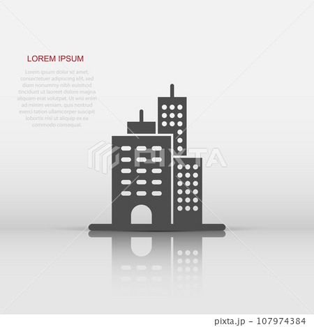 Building icon in flat style. Town skyscraper apartment vector illustration on white isolated background. City tower business concept. Building icon in flat style. Town skyscraper apartment vector illustration on white isolated background. City tower business concept. 107974384