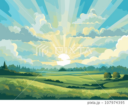 The sun shines over a serene lake and lush fields surrounded by trees under a dawn sky 107974395