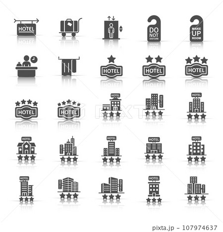 Hotel icon set in flat style. Booking vector illustration on white isolated background. Vacation reservation business concept. Hotel icon set in flat style. Booking vector illustration on white isolated background. Vacation reservation business concept. 107974637
