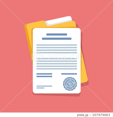Document, folder with stamp and text icon in flat style. White papers vector illustration on isolated background. Confirmed or approved document sign business concept. 107974663