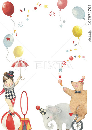 Watercolor card illustration with girl on the ball, elephant, bear on bicycle, circus design. Perfect for invitations greeting and birthday card, kids design. Hand drawn 107974705