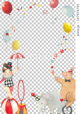 Watercolor card illustration with girl on the ball, elephant, bear on bicycle, circus design. Perfect for invitations greeting and birthday card, kids design. Hand drawn 107974705