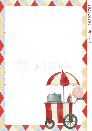 Watercolor card illustration with popcorn cart and cotton candy. Perfect for invitations greeting and birthday card, kids design 107974707