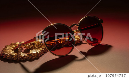Woman beautiful style fashionable attractive fancy red sun glasses with gold chain. Woman beautiful style fashionable attractive fancy red sun glasses with gold chain. 107974757