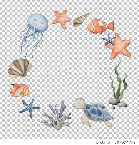 Wreath of Sea Pebbles, jellyfish, turtle, clownfish and starfish, seaweed algae. Hand drawn watercolor illustration. Marine frame, tropical collection for souvenir, posters, sticker, printing, banner Wreath of Sea Pebbles, jellyfish, turtle, clownfish and starfish, seaweed algae. Hand drawn watercolor illustration. Marine frame, tropical collection for souvenir, posters, sticker, printing, banner 107974778