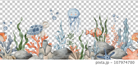 Seamless border of Sea Pebbles, jellyfish, turtle, clownfish and starfish, seaweed algae. Hand drawn watercolor illustration. Marine, tropical collection for souvenir, posters, sticker, printing Seamless border of Sea Pebbles, jellyfish, turtle, clownfish and starfish, seaweed algae. Hand drawn watercolor illustration. Marine, tropical collection for souvenir, posters, sticker, printing 107974780