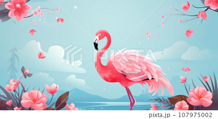 Pink flamingo with exotic flowers 107975002