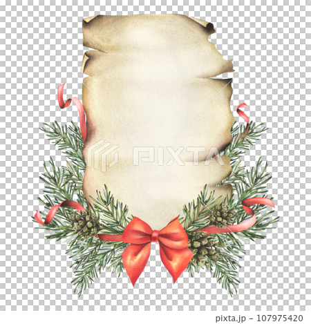 Vintage papyrus paper sheet with pine branches, pine cones, red bow and ribbons. Hand drawn watercolor illustration. Template for a letter on a white background for New Year and Christmas. Vintage papyrus paper sheet with pine branches, pine cones, red bow and ribbons. Hand drawn watercolor illustration. Template for a letter on a white background for New Year and Christmas. 107975420