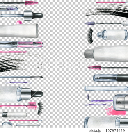 Decorative and personal care cosmetics in black and pink, jars, brushes, smears. Hand drawn watercolor illustration. Frame, board on a white background for the beauty industry, advertising and design. 107975439