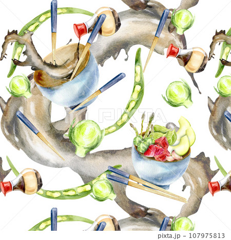 Watercolor seamless asian food pattern. Chinese traditional ceramic bowl with chopsticks, soy sause splash, beans , brussels cabage and poke bowl . Background for menu, restaurant,cuisine logo design Watercolor seamless asian food pattern. Chinese traditional ceramic bowl with chopsticks, soy sause splash, beans , brussels cabage and poke bowl . Background for menu, restaurant,cuisine logo design 107975813