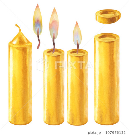 Watercolor gold Christmas candles with flame and candle light. 107976132