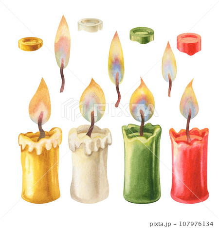 Watercolor green, gold, white, red Christmas candles with flame and candle light. 107976134