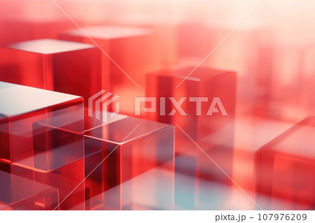 Many glass cubes are stacked on top of each other red abstract blurred kubism. Generative AI 107976209
