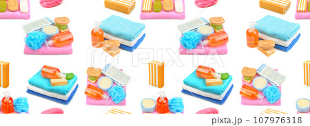 Seamless pattern. Bathroom set (towels, soap, shampoo) isolated on white 107976318