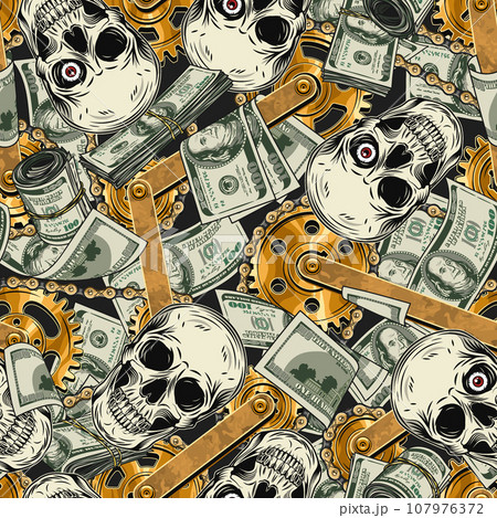 Pattern with human skull, cash money, 100 US dollar bills, gold gear mechanism, bike chain. Creative concept of making money. For prints, clothing, apparel, surface design. Not AI Pattern with human skull, cash money, 100 US dollar bills, gold gear mechanism, bike chain. Creative concept of making money. For prints, clothing, apparel, surface design. Not AI 107976372