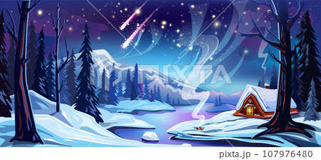 Winter vector landscape with a house in the forest 107976480
