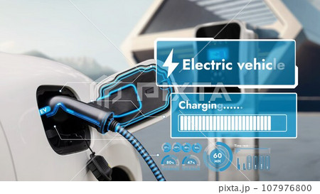 Electric car recharge to charging station with future building. Peruse 107976800
