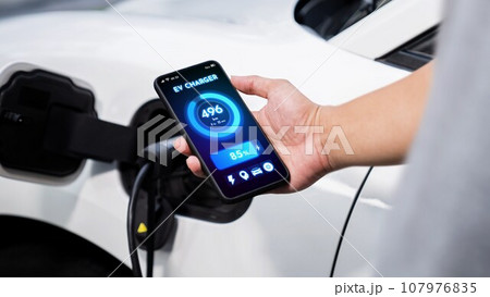 Smartphone display battery status interface by smart EV app. Peruse Smartphone display battery status interface by smart EV app. Peruse 107976835
