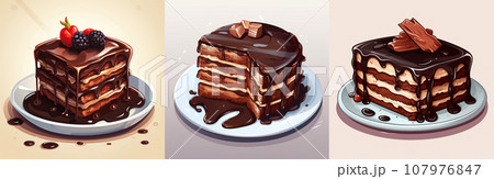 Collection of chocolate cakes. Three different pieces of chocolate cake. 107976847