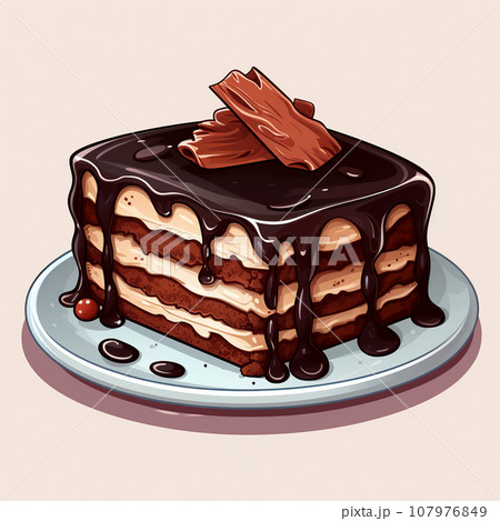 Chocolate cake in a plate on a white background. Illustration in cartoon style. Cake from brown biscuit and white cream. 107976849