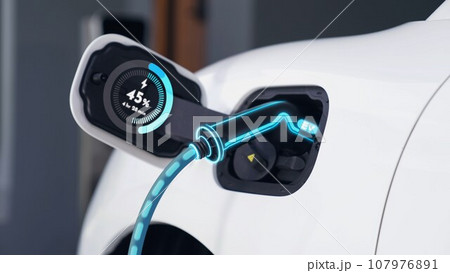 EV charger from home charging station recharging electric car. Peruse EV charger from home charging station recharging electric car. Peruse 107976891
