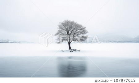 Lone lonely tree in winter snow and lake solitude, minimalist. Generative AI weber. 107977015