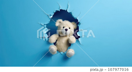 Cute Teddy Bear peeking out of a hole in wall, torn hole, empty copy space frame, mockup. Generative AI weber. 107977016