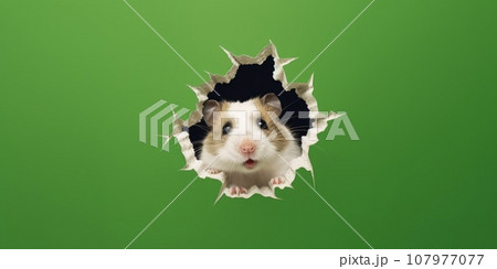 Cute Hamster peeking out of a hole in wall, torn hole, empty copy space frame, mockup. Generative AI weber. Cute Hamster peeking out of a hole in wall, torn hole, empty copy space frame, mockup. Generative AI weber. 107977077