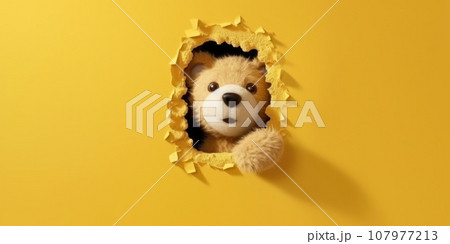 Cute Teddy Bear peeking out of a hole in wall, torn hole, empty copy space frame, mockup. Generative AI weber. Cute Teddy Bear peeking out of a hole in wall, torn hole, empty copy space frame, mockup. Generative AI weber. 107977213