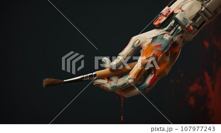 Generative AI art technology concept, robot painting picture in studio. Generative AI Generative AI art technology concept, robot painting picture in studio. Generative AI 107977243