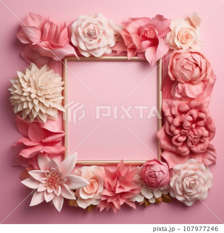 Piones flowers pink square frame. Generative AI weber. 107977246