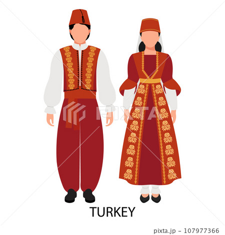 A man and a woman in Turkish folk costumes. Culture and traditions of Turkey. Illustration, vector A man and a woman in Turkish folk costumes. Culture and traditions of Turkey. Illustration, vector 107977366