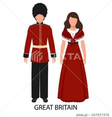 A man and a woman in British folk costumes. Culture and traditions of Great Britain. Illustration, vector 107977370