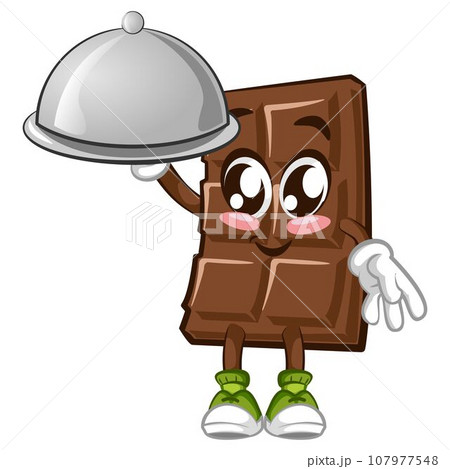 Cute chocolate bar character with funny face being a waiter in a restaurant 107977548