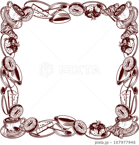 Cup of tea, cup of coffee, sweets pastry, spoon. Vector illustration of a square frame. Graphic. Menus of restaurants, cafes, snack bars, food labels. Cup of tea, cup of coffee, sweets pastry, spoon. Vector illustration of a square frame. Graphic. Menus of restaurants, cafes, snack bars, food labels. 107977948