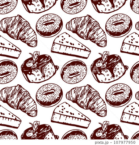 Croissant, donut, cheesecake. Vector illustration of a seamless pattern. Graphic. Menus of restaurants, cafes, food labels, covers, wrapping paper. 107977950