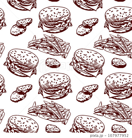 Burger, fries and nuggets. Vector illustration of a seamless pattern. Graphic style. Menus of restaurants, cafes, food labels, covers, wrapping paper. 107977952