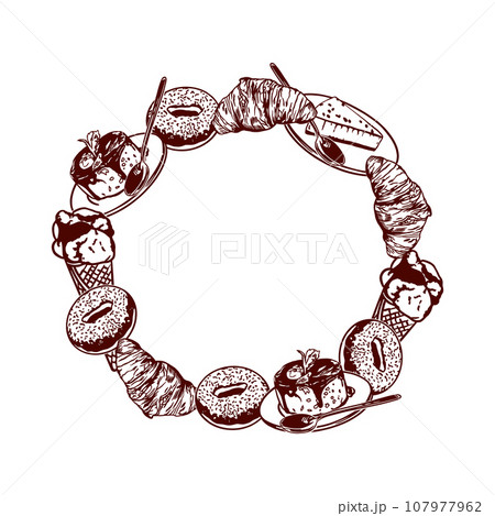 Round frame made of sweet pastries. Vector illustration of food in graphic style. Menus of restaurants, cafes, snack bars, food labels, covers. 107977962