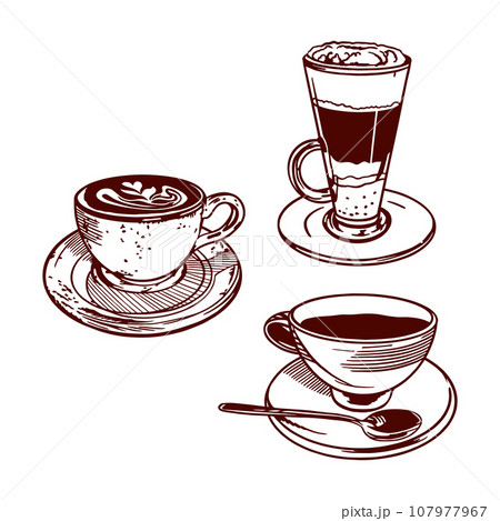 A cup of tea, a cup of coffee and a cup of iced glass. Vector illustration of food. Graphic. Menus of restaurants, cafes, food labels, covers, cards. A cup of tea, a cup of coffee and a cup of iced glass. Vector illustration of food. Graphic. Menus of restaurants, cafes, food labels, covers, cards. 107977967