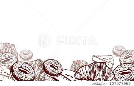 Donuts, croissants, cheesecake. Horizontal vector graphic background with sweets. Design element for menus of restaurants, cafes, food labels, covers. Donuts, croissants, cheesecake. Horizontal vector graphic background with sweets. Design element for menus of restaurants, cafes, food labels, covers. 107977969